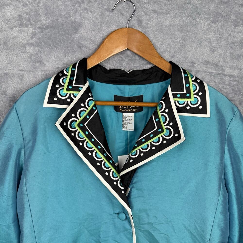 Bob Mackie Women's Wearable Art Blue Silk Jacket Blazer Large NWT embroidered - Picture 2 of 9